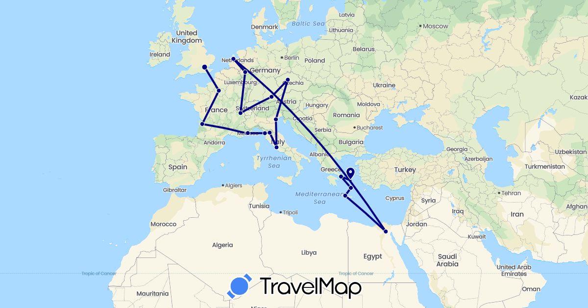 TravelMap itinerary: driving in Switzerland, Czech Republic, Germany, Egypt, France, United Kingdom, Greece, Italy, Monaco, Netherlands, Vatican City (Africa, Europe)